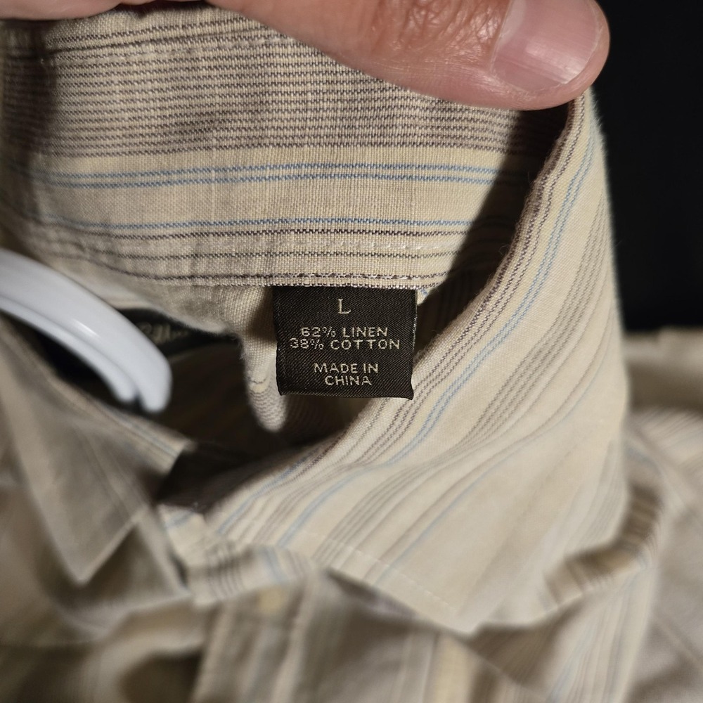 Tasso Elba Shirt Mens Large Beige 62% Linen Cotton Stripe Short Sleeve Button Up - Picture 4 of 8